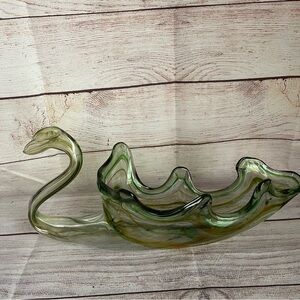 Vintage Mid-Century Murano Style Hand Blown Green Swirl Glass Swan Dish Large